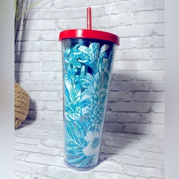 Rare STARBUCKS 2016 Blue Tropical Hawaiian Flowers Tumbler Venti 24 Oz - Picture 1 of 5